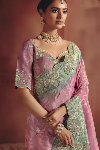 Pink rich pure smooth zari silk blend saree with embroidery and sequins