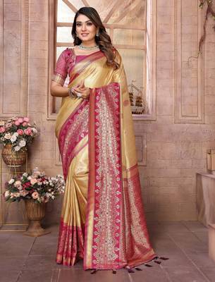 cream faux banarasi tissue silk blend ethnic jacquard weving ceremonial saree 1