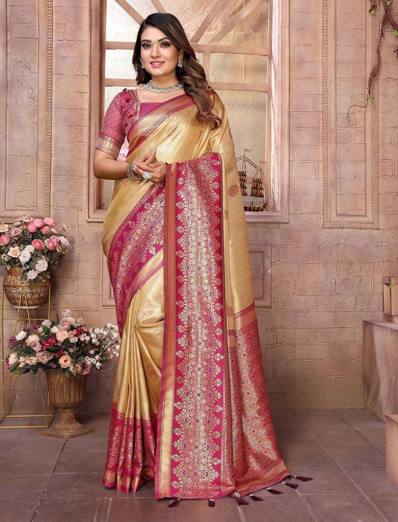 cream color banarasi tissue silk blend ethnic jacquard weving designer ceremonial saree