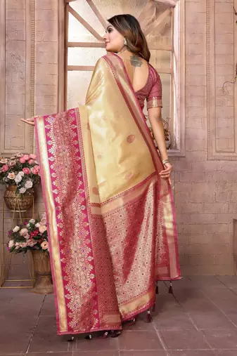 cream faux banarasi tissue silk blend ethnic jacquard weving ceremonial saree
