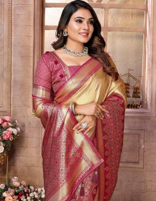 cream faux banarasi tissue silk blend ethnic jacquard weving ceremonial saree 3