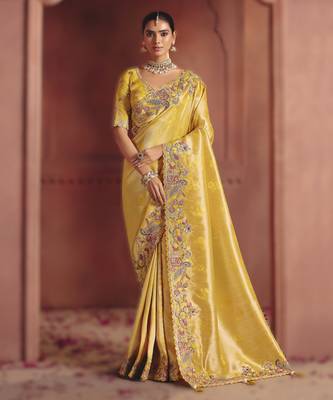 Light yellow majestic pure smooth zari silk blend saree with sequins and embroidery 1
