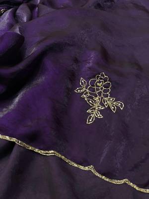 Purple Color Plain Saree With Floral Pipe And Pearls Work Satin Silk Blend Saree 1