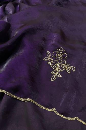 Purple Color Plain Saree With Floral Pipe And Pearls Work Satin Silk Blend Saree
