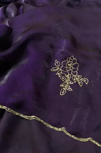 Purple Color Plain Saree With Floral Pipe And Pearls Work Satin Silk Blend Saree