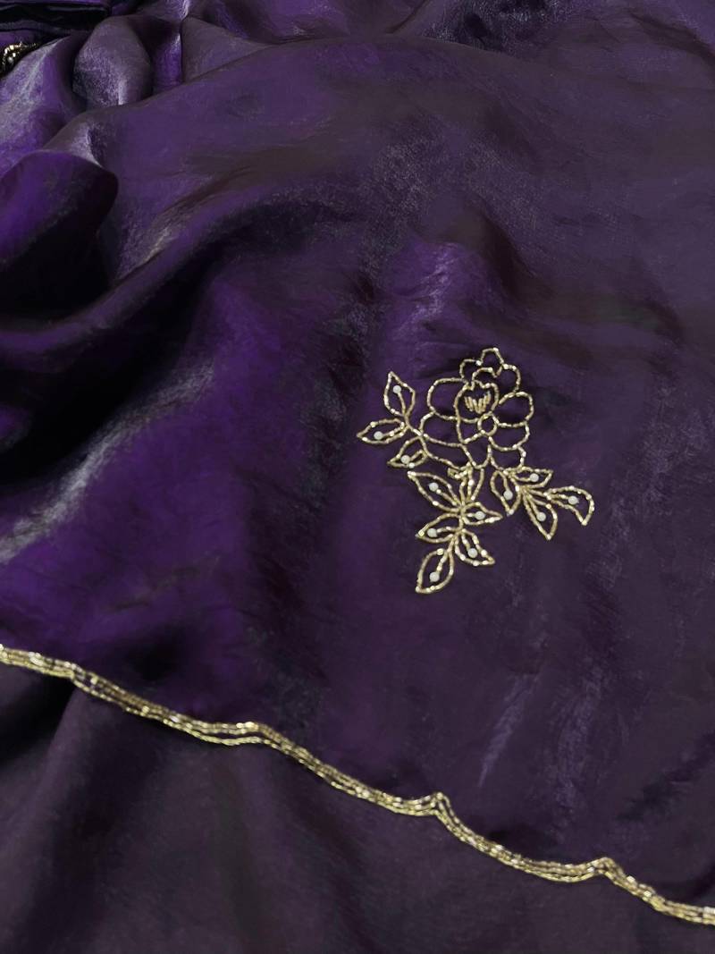 Purple Color Plain Saree With Floral Pipe And Pearls Work Satin Silk Blend Saree