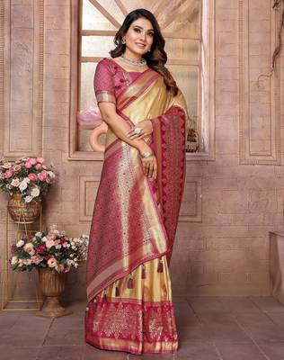 cream faux banarasi tissue silk blend ethnic jacquard weving ceremonial saree 4