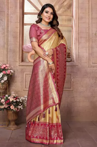 cream faux banarasi tissue silk blend ethnic jacquard weving ceremonial saree