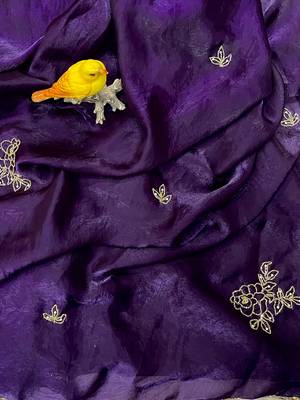 Purple Color Plain Saree With Floral Pipe And Pearls Work Satin Silk Blend Saree 2