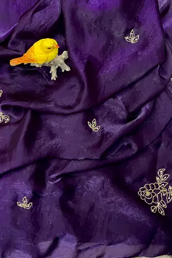 Purple Color Plain Saree With Floral Pipe And Pearls Work Satin Silk Blend Saree