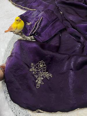 Purple Color Plain Saree With Floral Pipe And Pearls Work Satin Silk Blend Saree 3