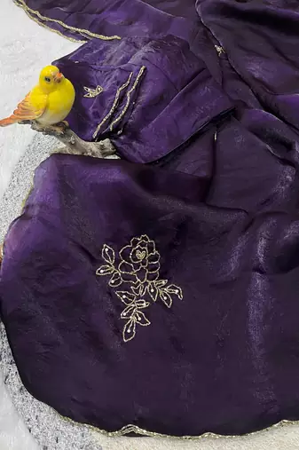 Purple Color Plain Saree With Floral Pipe And Pearls Work Satin Silk Blend Saree