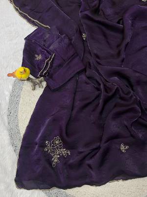 Purple Color Plain Saree With Floral Pipe And Pearls Work Satin Silk Blend Saree 4