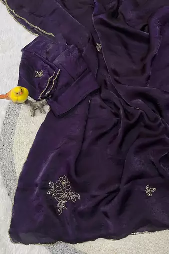 Purple Color Plain Saree With Floral Pipe And Pearls Work Satin Silk Blend Saree