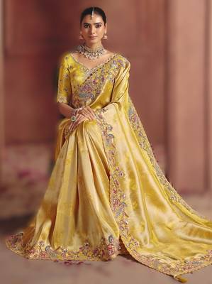 Light yellow majestic pure smooth zari silk blend saree with sequins and embroidery 2
