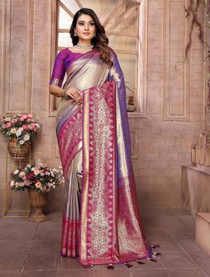 lavender faux banarasi tissue silk blend ethnic jacquard weving ceremonial saree 1