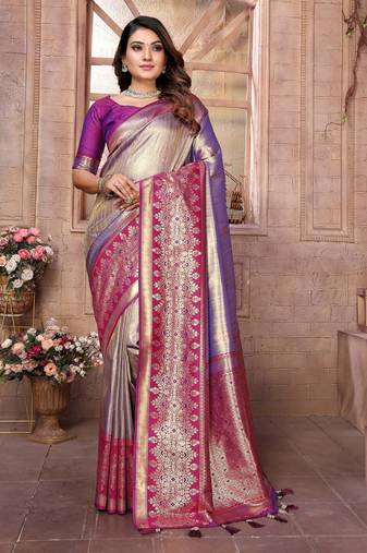 lavender color banarasi tissue silk blend ethnic jacquard weving designer ceremonial saree