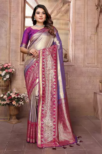 lavender color banarasi tissue silk blend ethnic jacquard weving designer ceremonial saree