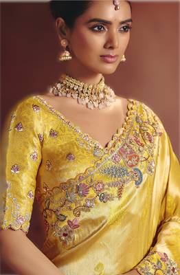 Light yellow majestic pure smooth zari silk blend saree with sequins and embroidery 3