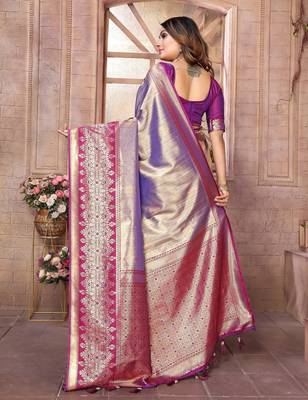 lavender faux banarasi tissue silk blend ethnic jacquard weving ceremonial saree 2