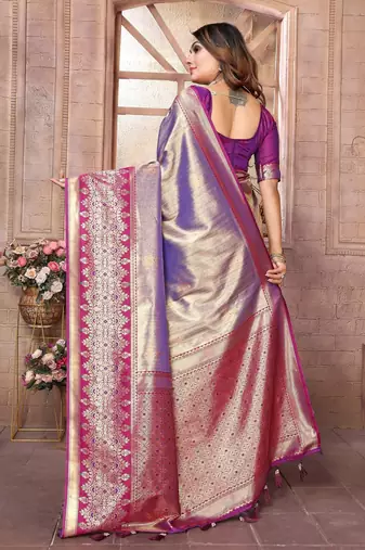 lavender faux banarasi tissue silk blend ethnic jacquard weving ceremonial saree