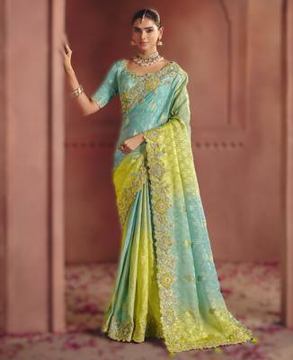 Sky blue sophisticated zari dola jaquard saree with embroidery and sequins 1