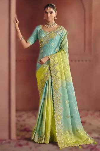 Sky blue sophisticated zari dola jaquard saree with heavy embroidery and sequins