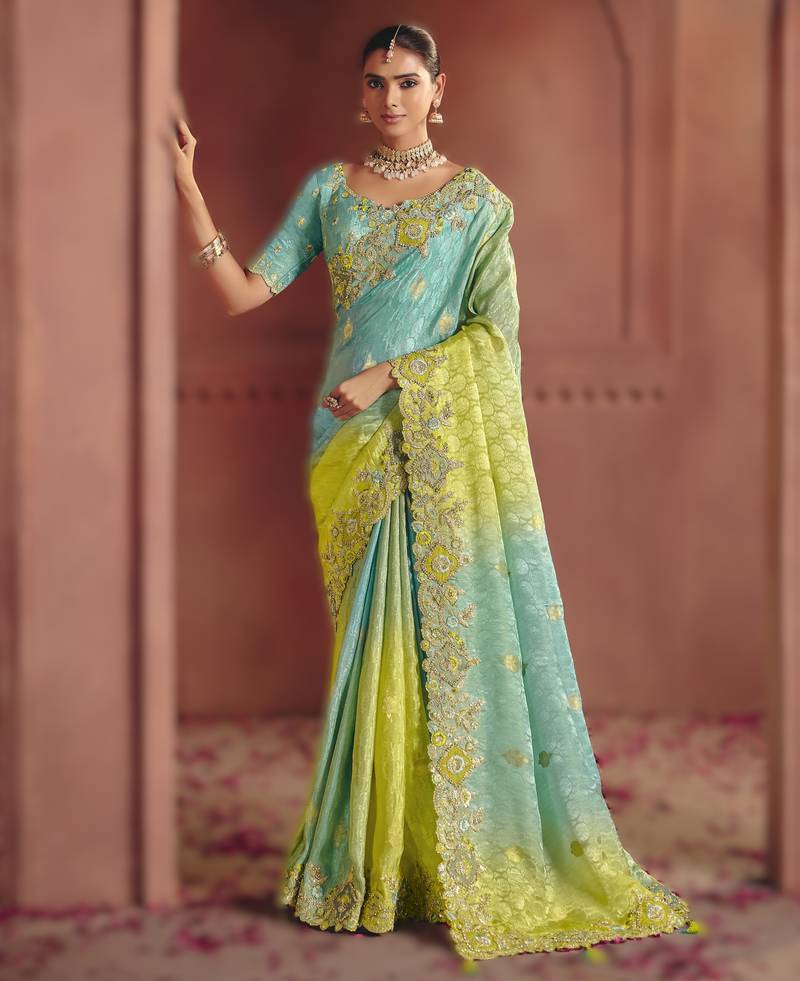 Sky blue sophisticated zari dola jaquard saree with heavy embroidery and sequins