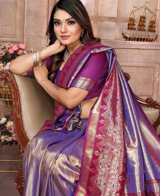 lavender faux banarasi tissue silk blend ethnic jacquard weving ceremonial saree 3