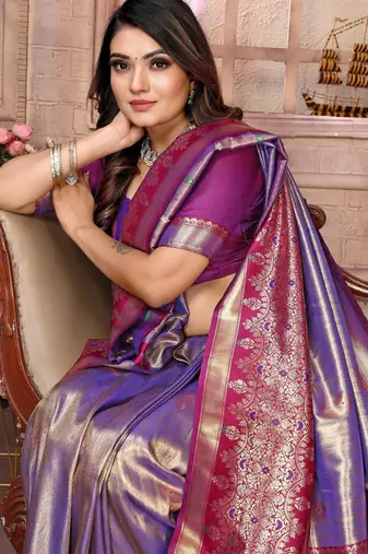 lavender faux banarasi tissue silk blend ethnic jacquard weving ceremonial saree
