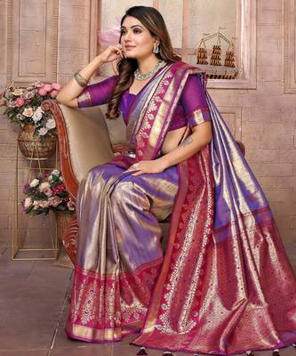 lavender faux banarasi tissue silk blend ethnic jacquard weving ceremonial saree 4