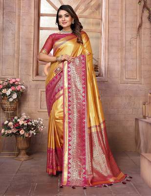 yellow faux banarasi tissue silk blend ethnic jacquard weving ceremonial saree 1
