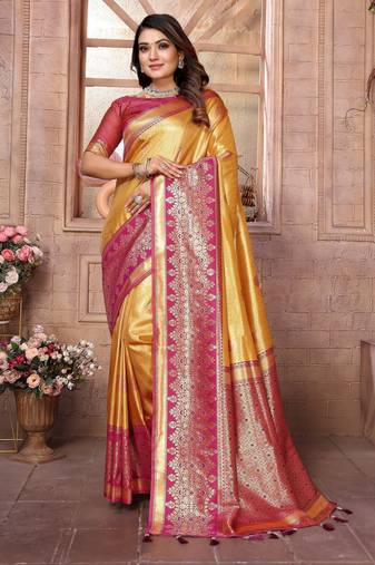 yellow color banarasi tissue silk blend ethnic jacquard weving designer ceremonial saree