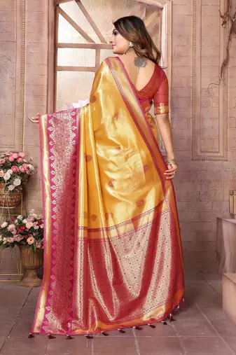 yellow faux banarasi tissue silk blend ethnic jacquard weving ceremonial saree