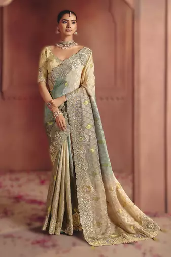 Grey regal zari dola jaquard saree with intricate embroidery and sequins