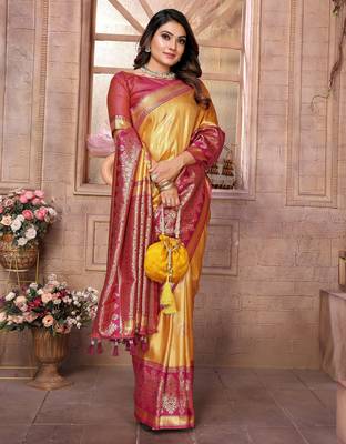 yellow faux banarasi tissue silk blend ethnic jacquard weving ceremonial saree 4