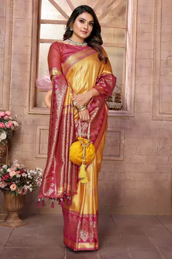 yellow faux banarasi tissue silk blend ethnic jacquard weving ceremonial saree