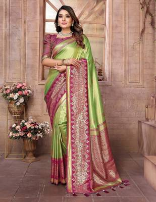 pista faux banarasi tissue silk blend ethnic jacquard weving ceremonial saree 1