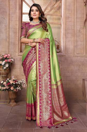pista color banarasi tissue silk blend ethnic jacquard weving designer ceremonial saree