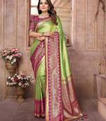 pista color banarasi tissue silk blend ethnic jacquard weving designer ceremonial saree