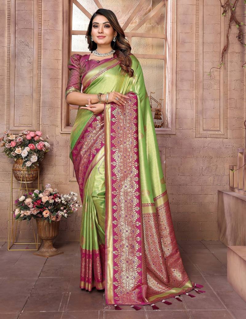 pista color banarasi tissue silk blend ethnic jacquard weving designer ceremonial saree