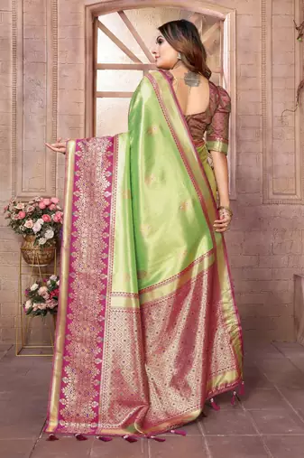 pista faux banarasi tissue silk blend ethnic jacquard weving ceremonial saree