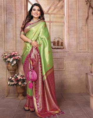 pista faux banarasi tissue silk blend ethnic jacquard weving ceremonial saree 4