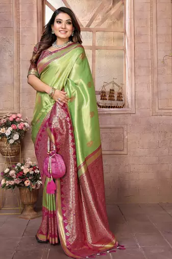 pista faux banarasi tissue silk blend ethnic jacquard weving ceremonial saree