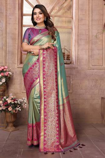 sky blue color banarasi tissue silk blend ethnic jacquard weving designer ceremonial saree