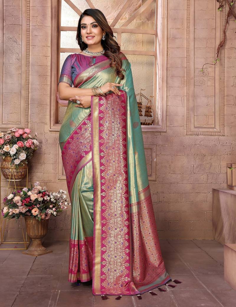 sky blue color banarasi tissue silk blend ethnic jacquard weving designer ceremonial saree