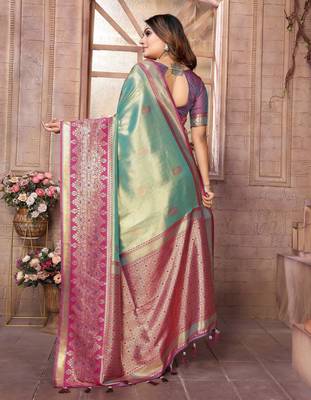 sky blue faux banarasi tissue silk blend ethnic jacquard weving ceremonial saree 2