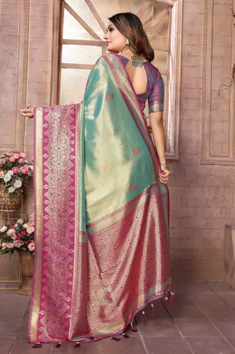 sky blue faux banarasi tissue silk blend ethnic jacquard weving ceremonial saree