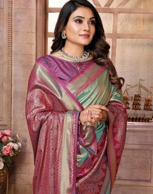 sky blue faux banarasi tissue silk blend ethnic jacquard weving ceremonial saree 3