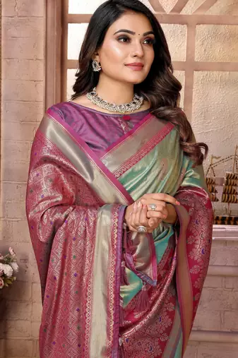 sky blue faux banarasi tissue silk blend ethnic jacquard weving ceremonial saree